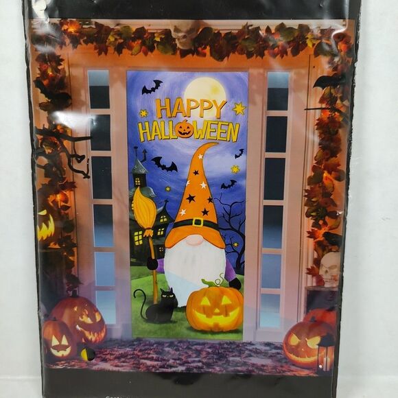 Happy Halloween Gnome Wizard Bats Black Cat Jac-o'-Lantern Door Cover 30" x 72" - Picture 3 of 6